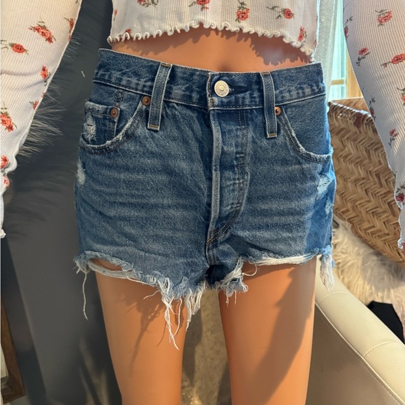 Levi's Blue High-Waist Jean Shorts Distressed - Picture 2 of 8